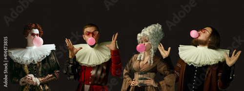 Blowing pink bubble gums. Medieval people as a royalty persons in vintage clothing on dark background. Concept of comparison of eras, modernity and renaissance, baroque style. Creative collage. Flyer photo