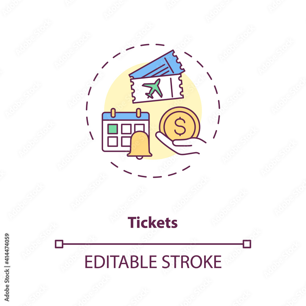 Tickets concept icon. Business travel during pandemic idea thin line illustration. Travel service optimization. Different type of tickets. Vector isolated outline RGB color drawing. Editable stroke