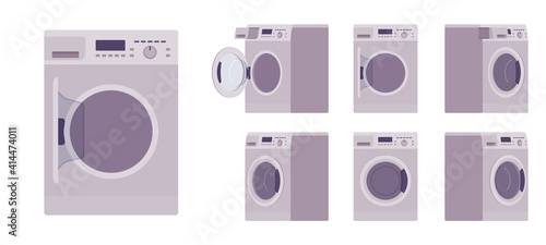 Washing Machine grey set, laundry clothes washer home appliance. Front loader automatic modern household equipment. Vector flat style cartoon illustration isolated on white background, different views