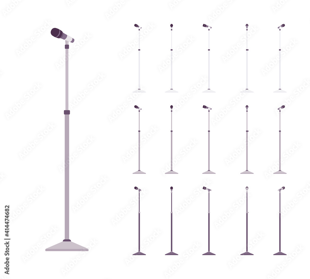 Microphone stand set for studio and concert performances. Stable placement, solid round metal base plate. Vector flat style cartoon illustration isolated on white background, different colors, views