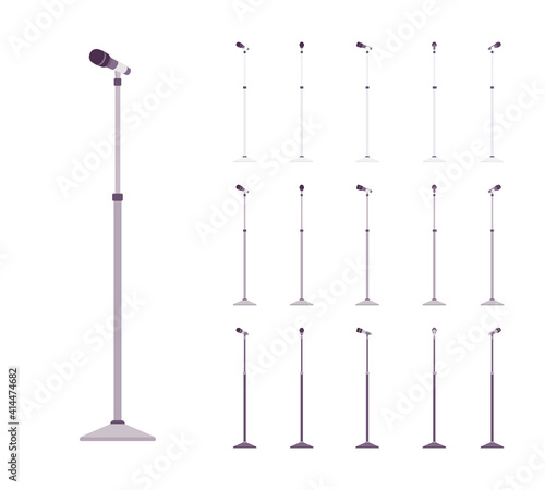 Microphone stand set for studio and concert performances. Stable placement, solid round metal base plate. Vector flat style cartoon illustration isolated on white background, different colors, views
