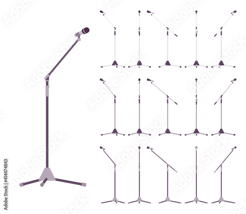 Tripod microphone steel stand with mic holder set. Singing, speech, stage, outdoor activities device. Vector flat style cartoon illustration isolated on white background, different colors and views