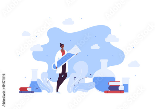 Laboratory science and medical biotechnology concept. Vector flat character illustration. Female scientist hold test tube. Book and lab vial sign. African american woman doctor in white coat.