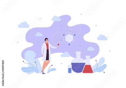 Laboratory science and medical biotechnology research concept. Vector flat character illustration. Asian female scientist hold test tube. Book and lab vial sign. Woman doctor. Chemistry symbol