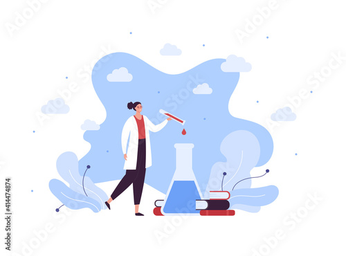 Laboratory science and medical biotechnology research concept. Vector flat character illustration. Asian female docto hold test tube with liquid drop. Woman make blood test analysis