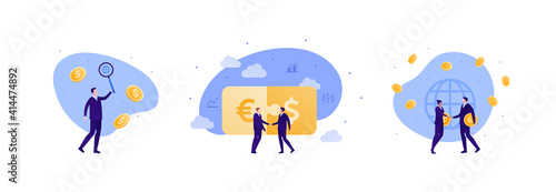 Business partnership and global finance concept. Vector flat creative illustration set. Businessman and businesswoman handshake. Money with dollar and euro currency sign. World planet earth symbol.