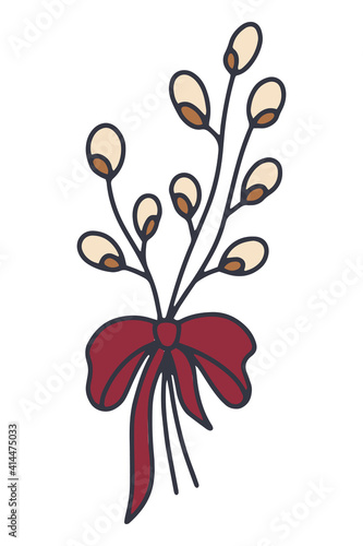 Vector icon of bouquet with pussy willow twigs in Doodle style. A outline branch with buds and a red bow for easter