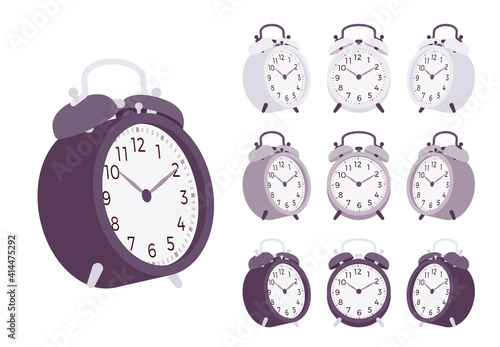 Twin bell alarm clock spring-driven set. Traditional wind up mechanical desk table device for home, office. Vector flat style cartoon illustration isolated, white background, different colors and view