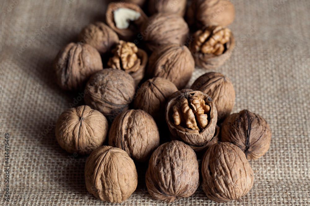 walnuts lie on the fabric burlap whole and chopped walnuts lie on the fabric burlap whole and chopped