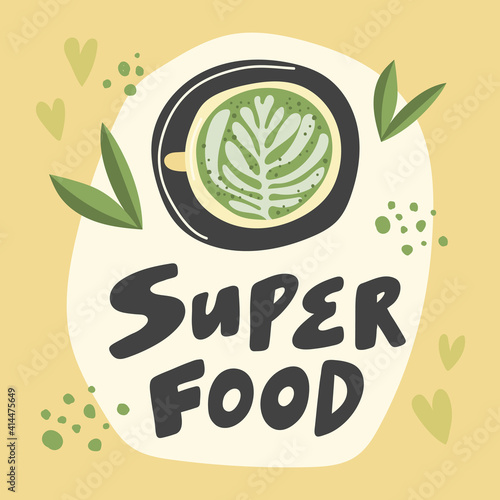 Superfood Matcha. Hand drawn vector illustration with leaves and cup of matcha on yellow background.