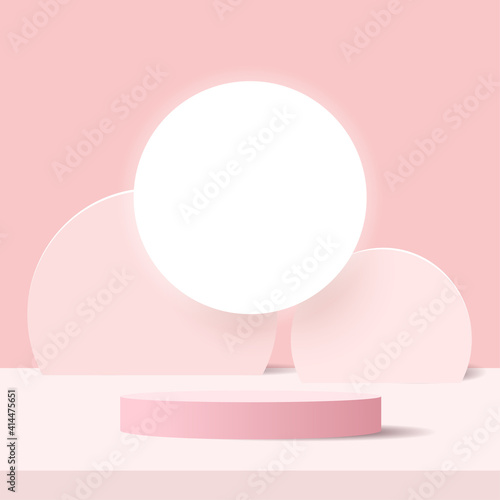 Abstract minimal scene on pastel background with cylinder podium and leaves. Stage mockup showcase for product, banner, sale, presentation, cosmetic and discount. 3d vector illustration