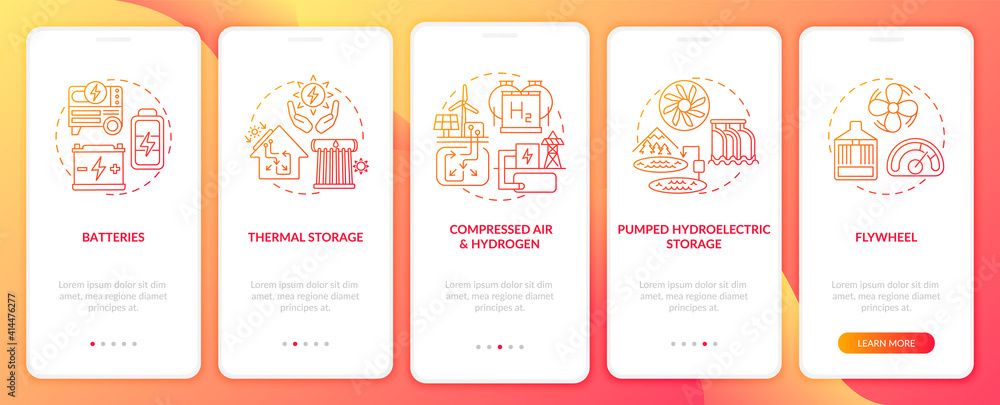 Flywheel storage onboarding mobile app page screen with concepts. Compressed air and hydro walkthrough 5 steps graphic instructions. UI vector template with RGB color illustrations