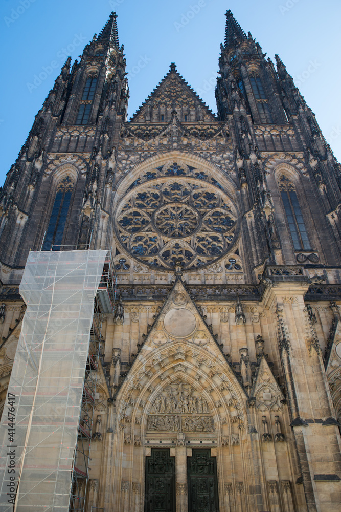 St. Vitus Cathedral with scaffold under renovation in Prague.