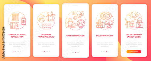 Decentralized energy grids onboarding mobile app page screen with concepts. Declining costs and green hydrogen walkthrough 5 steps graphic instructions. UI vector template with RGB color illustrations