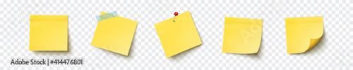 Post note, sticky sheet or paper sticker with shadow isolated on transparent background. Realistic vector yellow office memo set pin on wall template