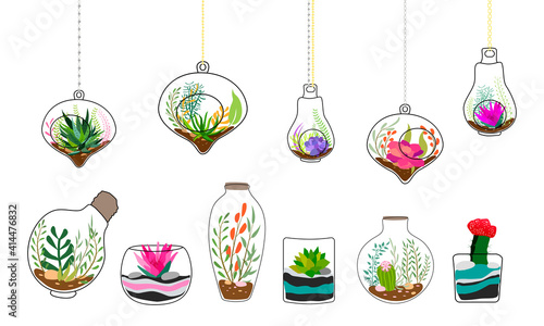 Set of geometric florariums. Geometric terrariums set with plants, succulents and cactus. Scandinavian style home decor. Glass crystal florariums isolated on white background.