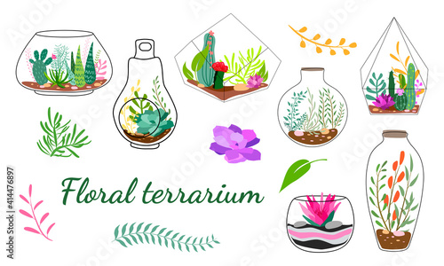 Set of geometric florariums. Geometric terrariums set with plants, succulents and cactus. Scandinavian style home decor. Glass crystal florariums isolated on white background.