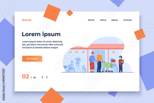 Senior couple and kid shopping in mall. Boy, grandparents, cart, store window flat vector illustration. Commerce, family, generation concept for banner, website design or landing web page