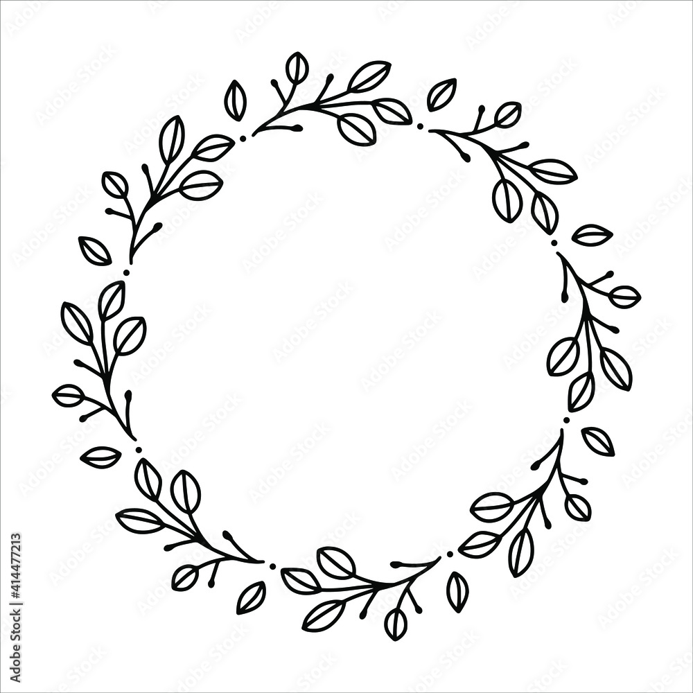 Vector hand drawn spring wreath isolated on white background. Outline circle of leaves. Doodle style. Floral frame. Vector hand drawn spring wreath isolated on white background. Outline circle of leaves. Doodle style. Floral frame.