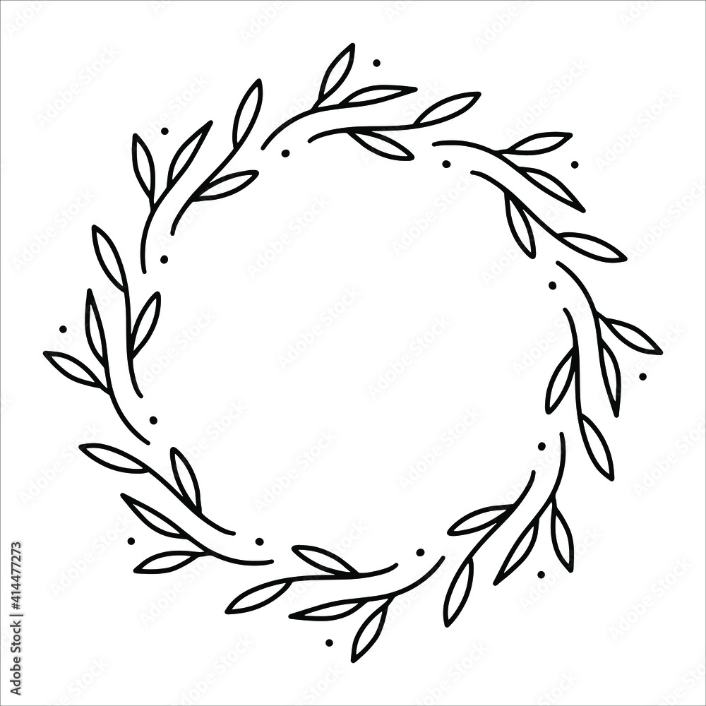 Vector hand drawn spring wreath isolated on white background. Outline circle of leaves. Doodle style. Floral frame. Vector hand drawn spring wreath isolated on white background. Outline circle of leaves. Doodle style. Floral frame.