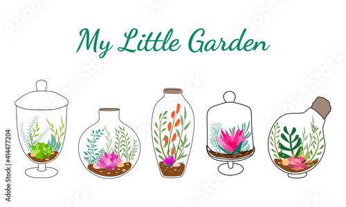 Set of geometric florariums. Geometric terrariums set with plants, succulents and cactus. Scandinavian style home decor. Glass crystal florariums isolated on white background.