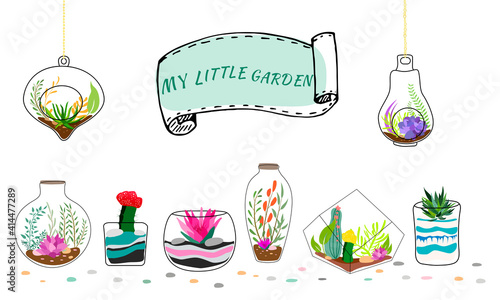 Set of geometric florariums. Geometric terrariums set with plants, succulents and cactus. Scandinavian style home decor. Glass crystal florariums isolated on white background.