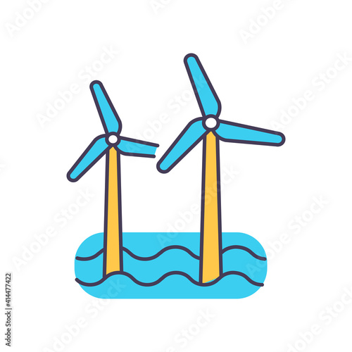 Delivering clean and renewable energy RGB color icon. Technical resources potential. Providing electrical needs of people. Offshore wind turbines components. Isolated vector illustration
