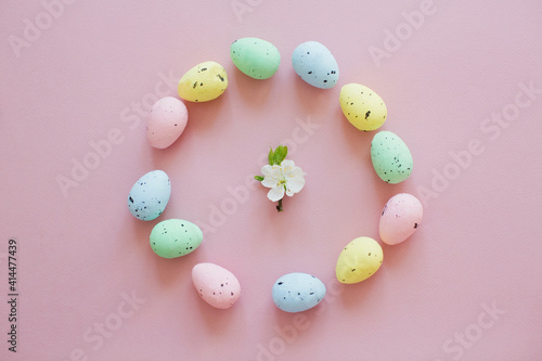 Easter eggs wreath and white flower