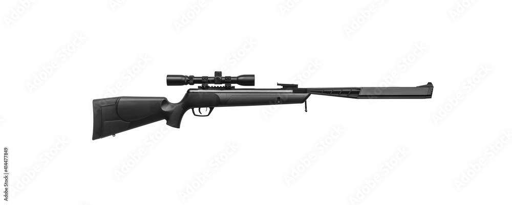 Pneumatic rifle isolated on white back. Rifle with optical sight. Weapons for sports, hunting and entertainment.