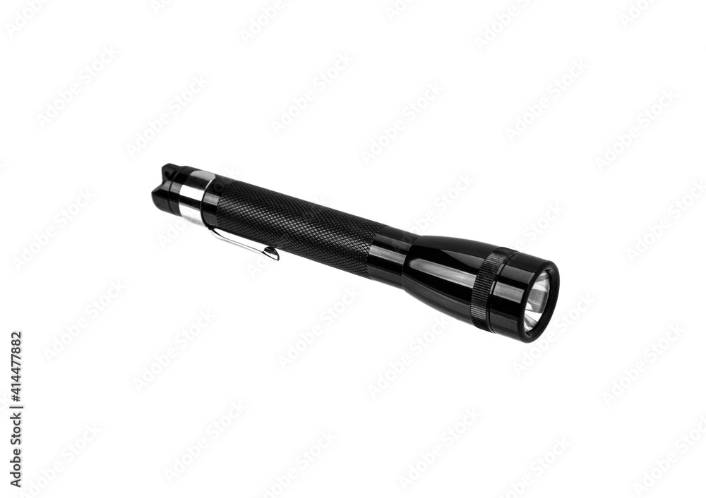 modern black metal flashlight isolated on white modern black metal flashlight isolated on white
