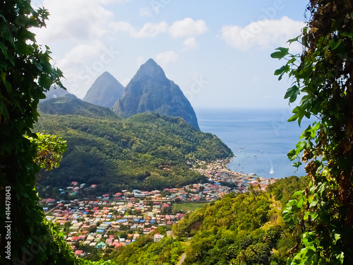 Top view of the town of Soufriere and Pitons St. Lucia
