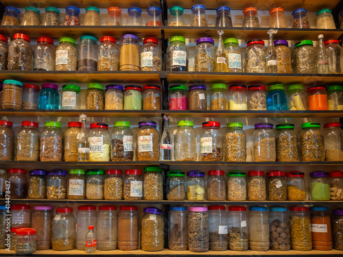 Colorful pattern of jars on shelves in a store in Meknes, Morocco. © JoaLacerda