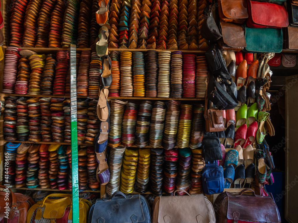 Interior of a leather goods shop with a variety of colours and products.
Fès, Morocco.