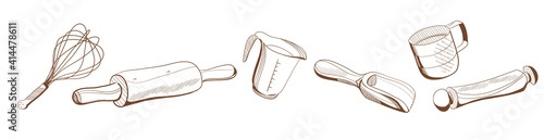Equipment for making bread. Baking tools and utensils drawing illustration. Monochrome sketch. Grain shovel, beaker, rolling pins and dough whisk. Menu design. Horizontal vector banner