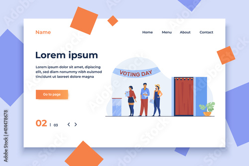 Queue of people with paper at ballot boxes. Voting day, electorate, poll flat vector illustration. Election campaign, politics, choice concept for banner, website design or landing web page