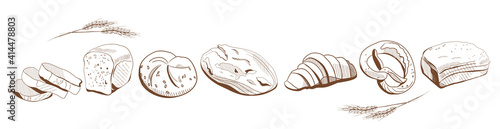 Different bakery goods.Bread illustration in engraving style.Sliced french loaf,baguette,Pretzel,buns with sesame,croissant and ears of wheat around.Hand drawn vector.Menu decoration.Horizontal banner