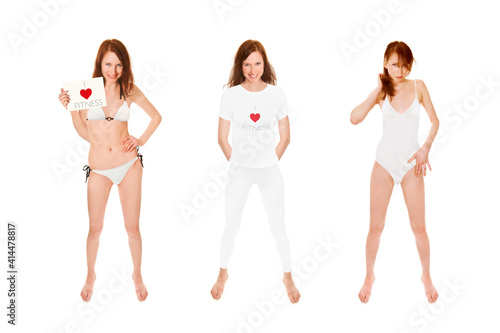 Three full length portraits of a beautiful young woman wearing white bikini, swimsuit and sportswear, I love fitness is written on her shirt and on the paper in her hand, isolated on white background