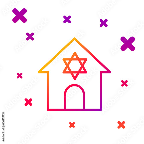 Color line Jewish synagogue building or jewish temple icon isolated on white background. Hebrew or judaism construction with David star. Gradient random dynamic shapes. Vector.