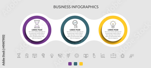 Business vector infographic circles for three label, diagram, graph, presentations. Concept with 3 options used with content, flowchart, steps, timeline, workflow, marketing.