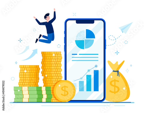 The young man rejoiced and leaped amidst the huge pile of money. Big smartphone screen represents a rapidly growing business profit. Icons on white background. Flat vector illustration. 