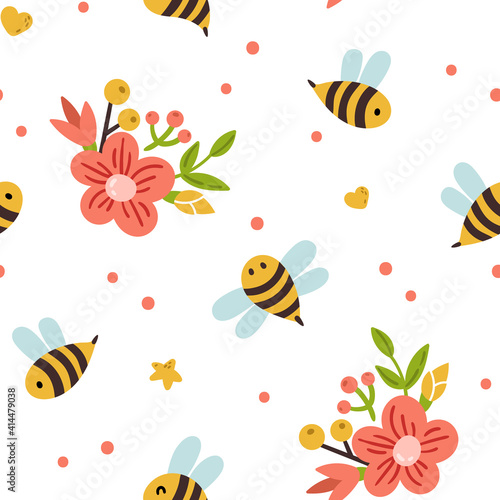 Honey Bee kids seamless pattern, cute bumble bee digital paper, cartoon insects and summer flowers, nursery seamless background for baby textile, scrapbooking, wrapping paper, wallpaper © Maria Zamchiy 