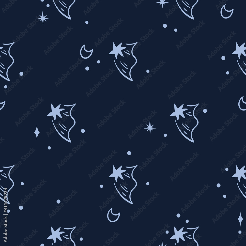Celestial black and white stars seamless pattern - hand drawn line space digital paper with starry night sky, cute kids seamless background for textile, scrapbooking, wrapping paper
