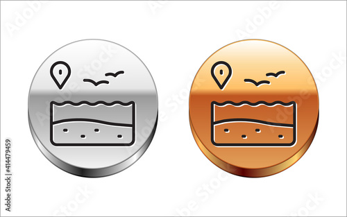 Black line Location with beach icon isolated on white background. Tropical beach landscape. Good sunny day. Silver-gold circle button. Vector.