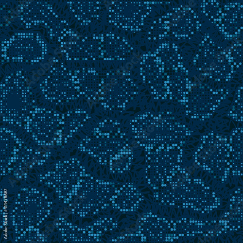 Halftone digital camouflage. The skin of a chameleon or snake. Dot pattern in dark blue tones, camo background. Seamless vector texture