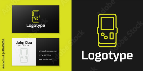 Logotype line Portable tetris electronic game icon isolated on black background. Vintage style pocket brick game. Interactive playing device. Logo design template element. Vector.