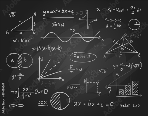 School blackboard. Vector illustration of math chalkboard with formula, calculation, geometrical plots and equation. Mathematics, algebra, physics functions on black chalkboard. Scientific formula