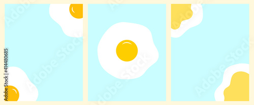 Doodle set vertical backgrounds. Fried eggs, yolk on blue background. Collection of minimalistic backdrop for social media posters. Vector illustration