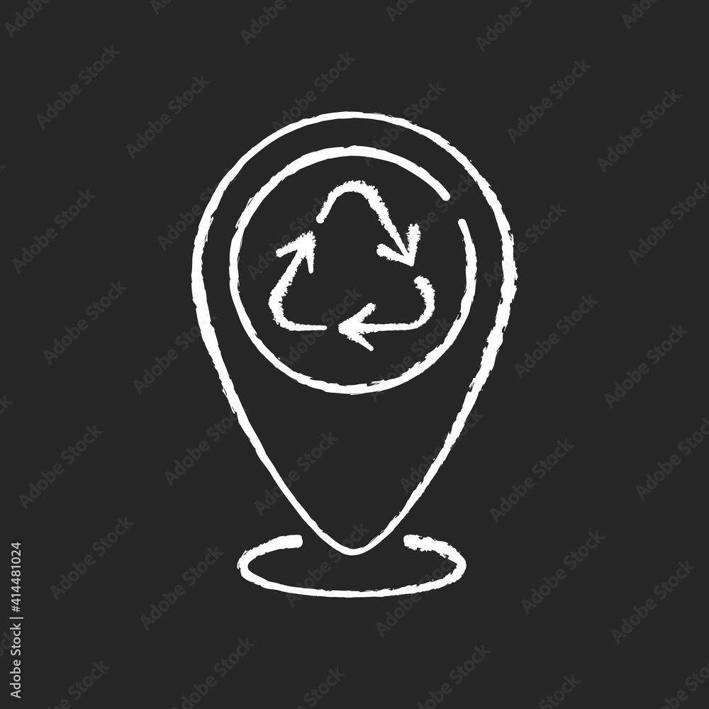 Dropping off locations chalk white icon on black background. Place with collection bins. Landfill and recycling centers. Drop-off hard-to-recycle waste. Isolated vector chalkboard illustration Dropping off locations chalk white icon on black background. Place with collection bins. Landfill and recycling centers. Drop-off hard-to-recycle waste. Isolated vector chalkboard illustration