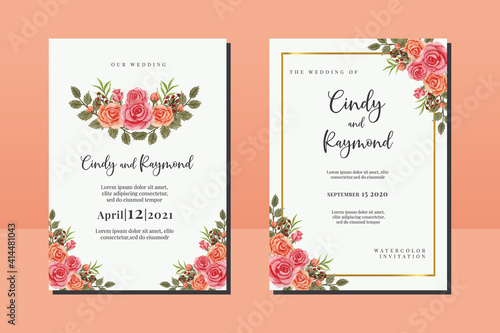 Wedding invitation frame set, floral watercolor hand drawn Rose Flower design Invitation Card Template Design
