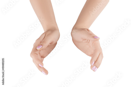 female hands with a purple manicure on a white background